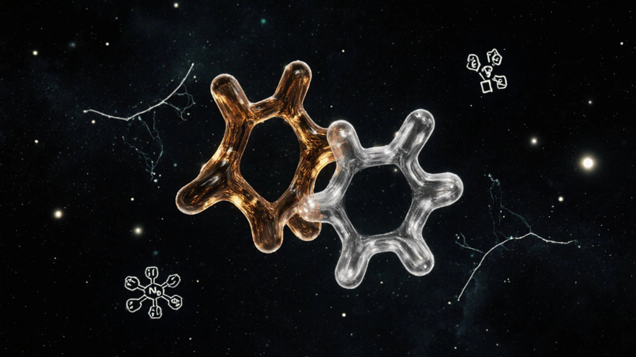 Abstraktní molekulární struktury Delta-8 a THCV ve vesmíru s neurálními cestami a glukózou.