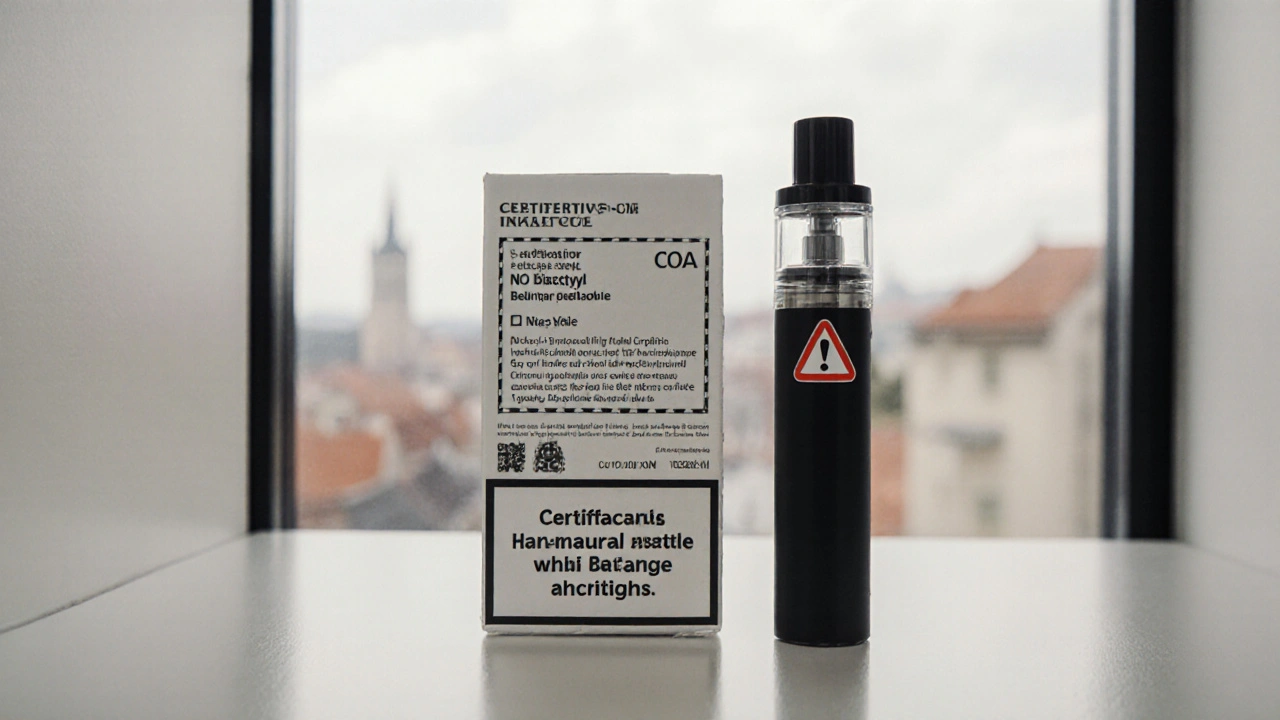 CBD kartridže na policce: jedna s ověřeným složením, druhá bez označení a s červeným varováním.