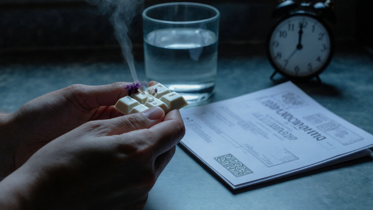 Close‑up of hands enjoying a lavender‑infused chocolate, lab certificate visible, calm evening setting.