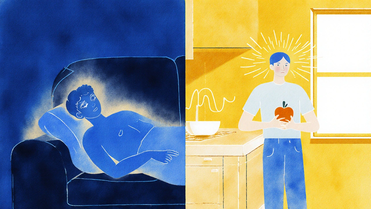 Člověk uvolněný na pohovce a člověk vzbuzený v kuchyni, symbolizující různé účinky kanabinoidů.