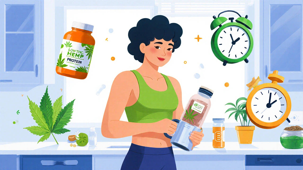 Fit člověk připravuje konopný proteinový shake s ikonkami nízkého THC a B vitamínu.