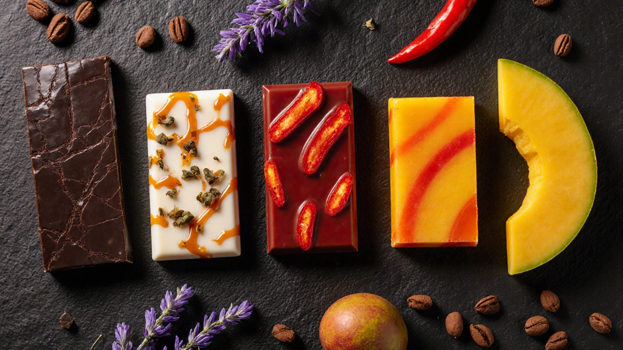 Flat‑lay of five flavored cannabis chocolates with matching ingredients like cacao, lavender, chili, mango.
