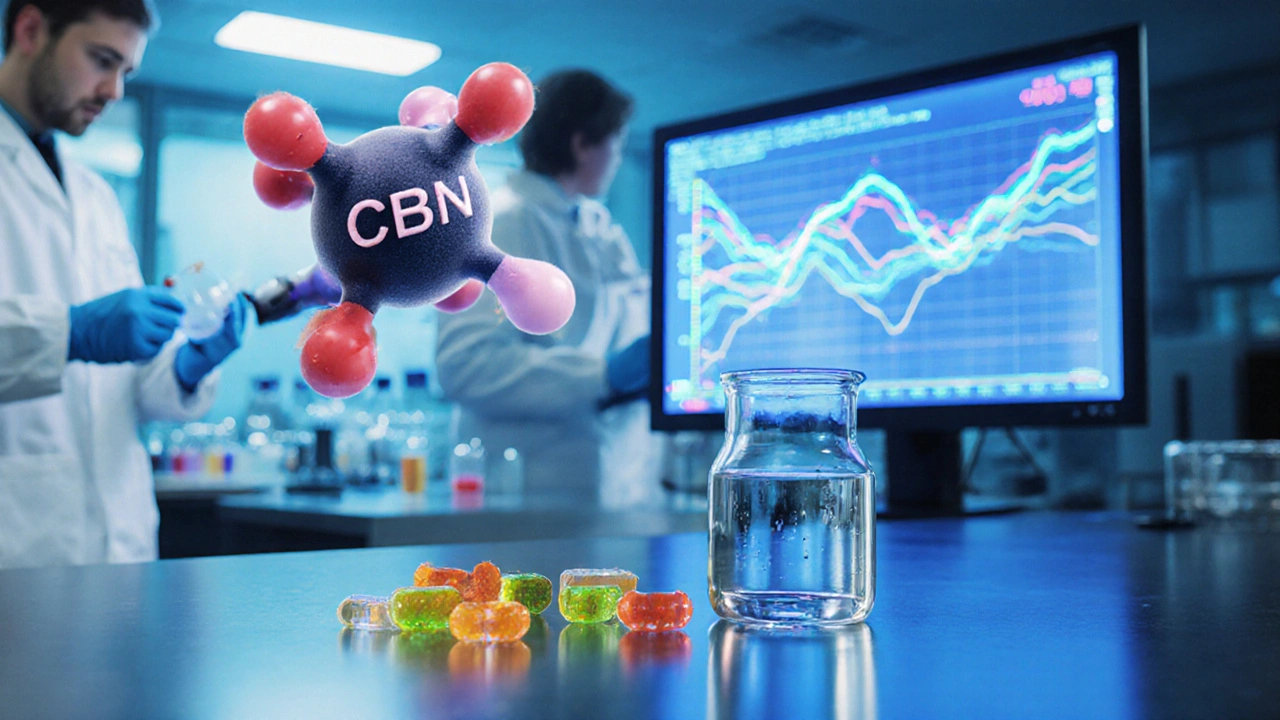 Laboratorní scéna s testovacími zkumavkami, molekulou CBN a talířkem gummies.