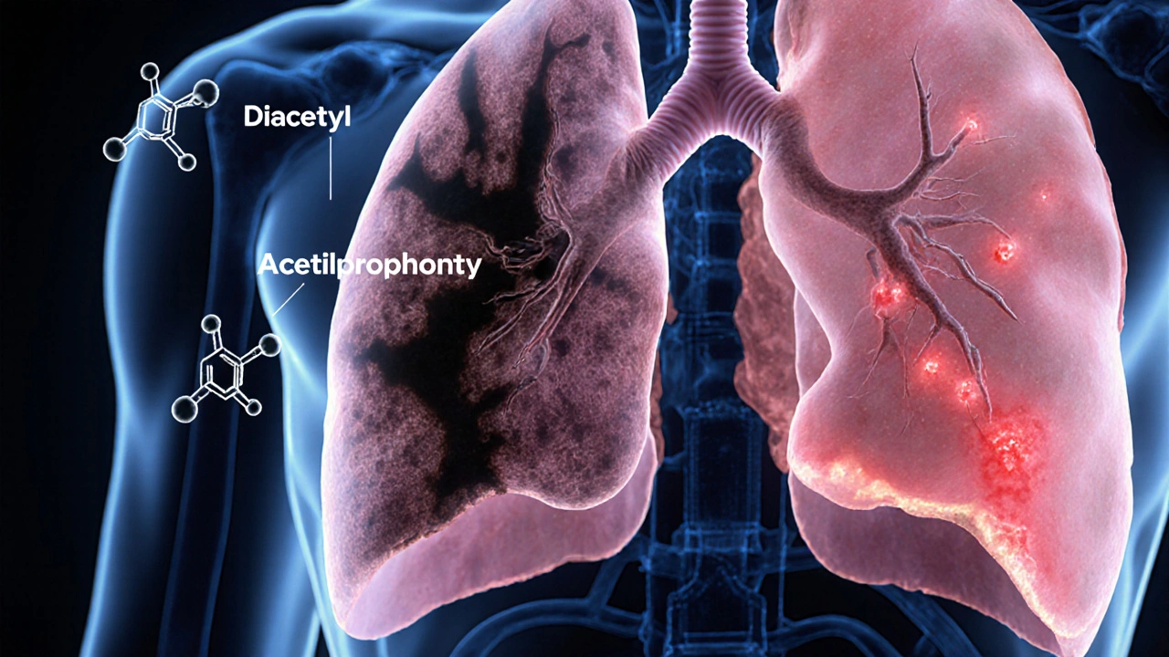 Mikroskopický pohled na poškozené dýchací cesty v plicích s jizvami způsobenými chemickými přísadami.