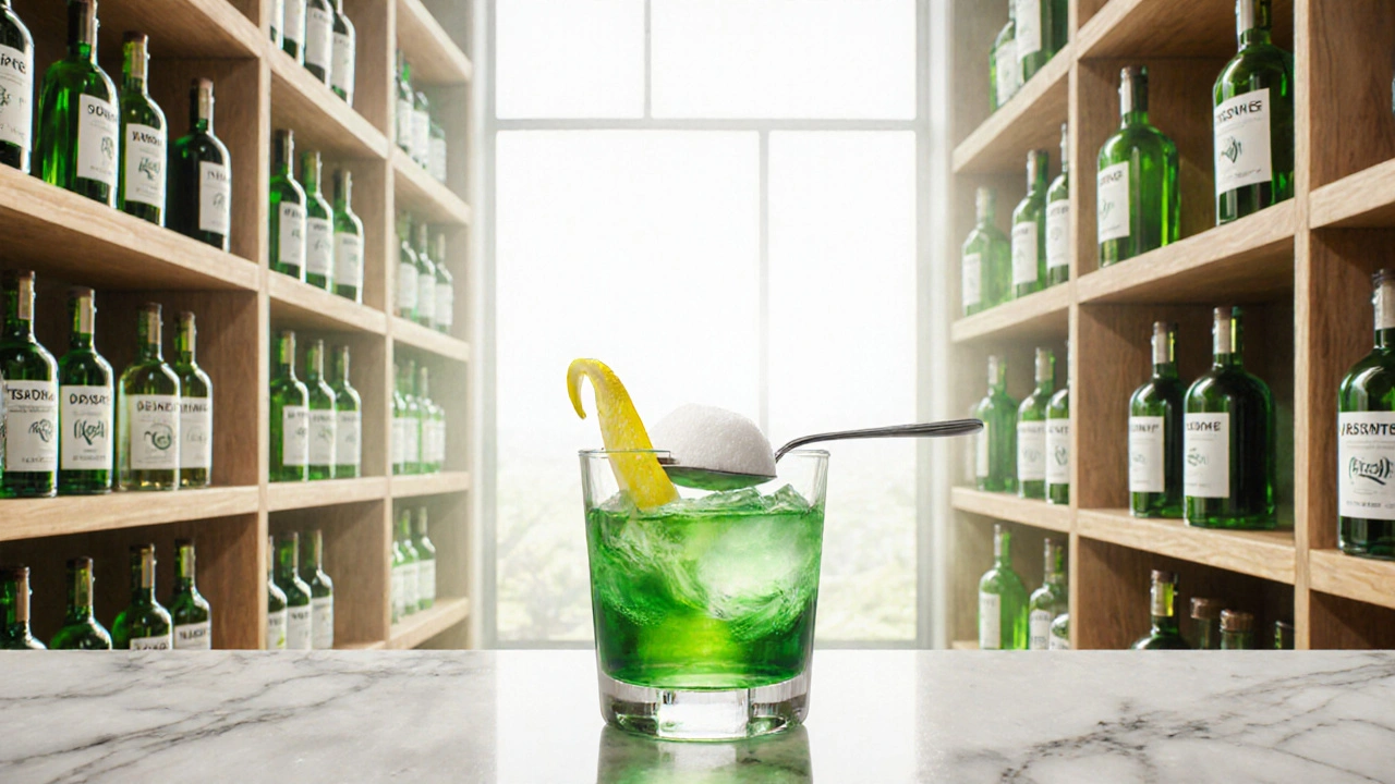 Moderní obchod s regály plnými legálních absintů a sklenicí Sazerac s jasně zeleným nápojem.