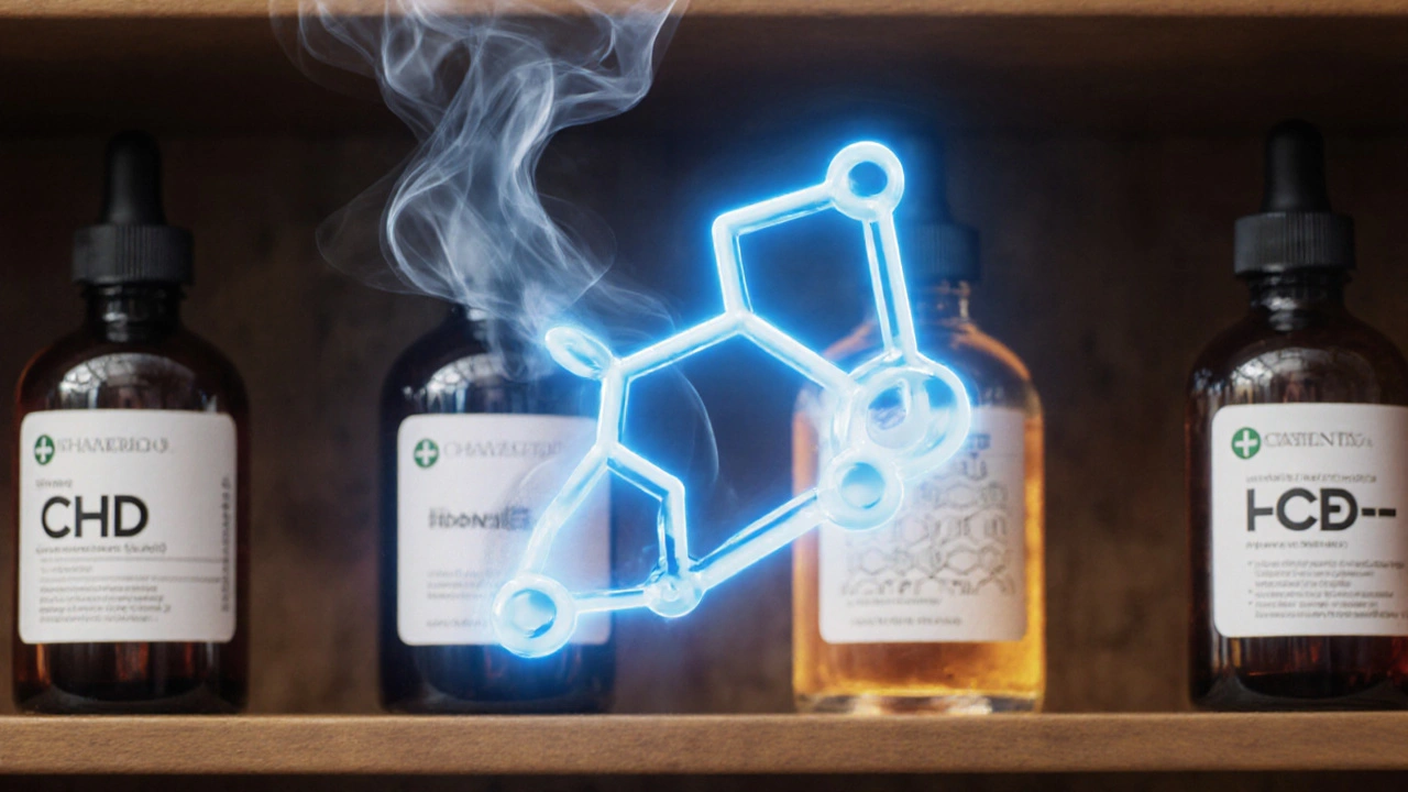 Molekulární struktura HHC-O s ostatními kanabinoidy na pozadí, svítící modrý a zlatý odstín.