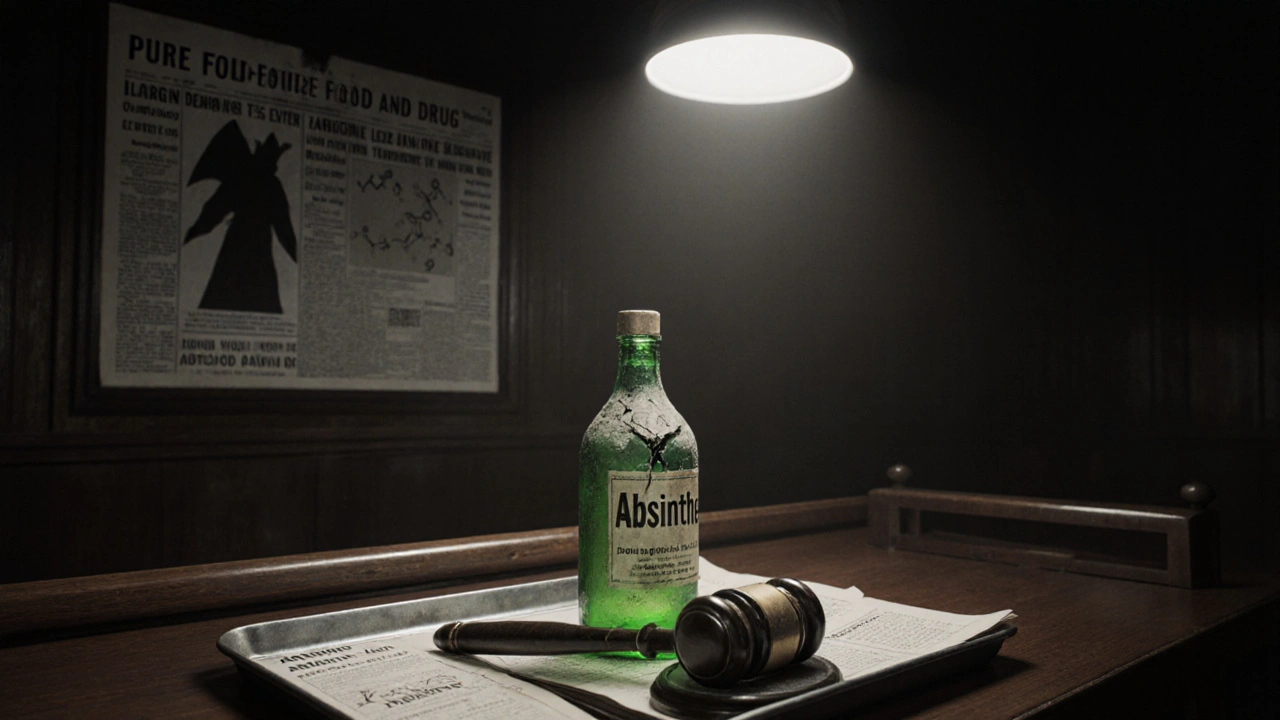 Noir scéna soudní místnosti s prachem pokrytým láhví absintu a právními dokumenty z roku 1912.