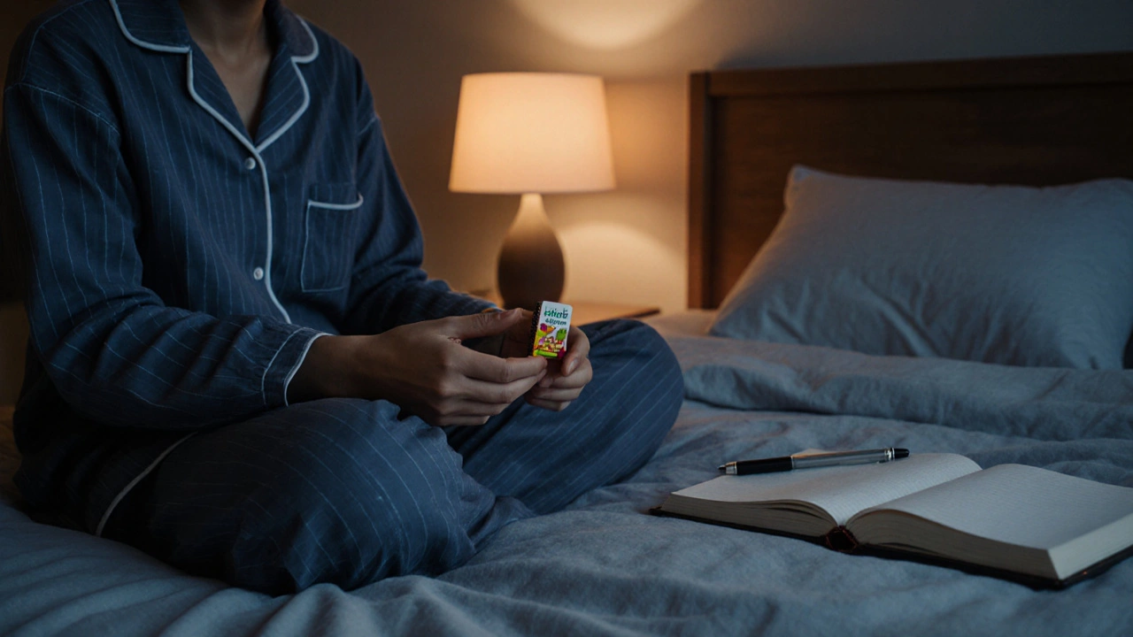 Osoba leží v posteli, drží gumu a zapisuje pocity do deníku v tlumeném večerním světle.