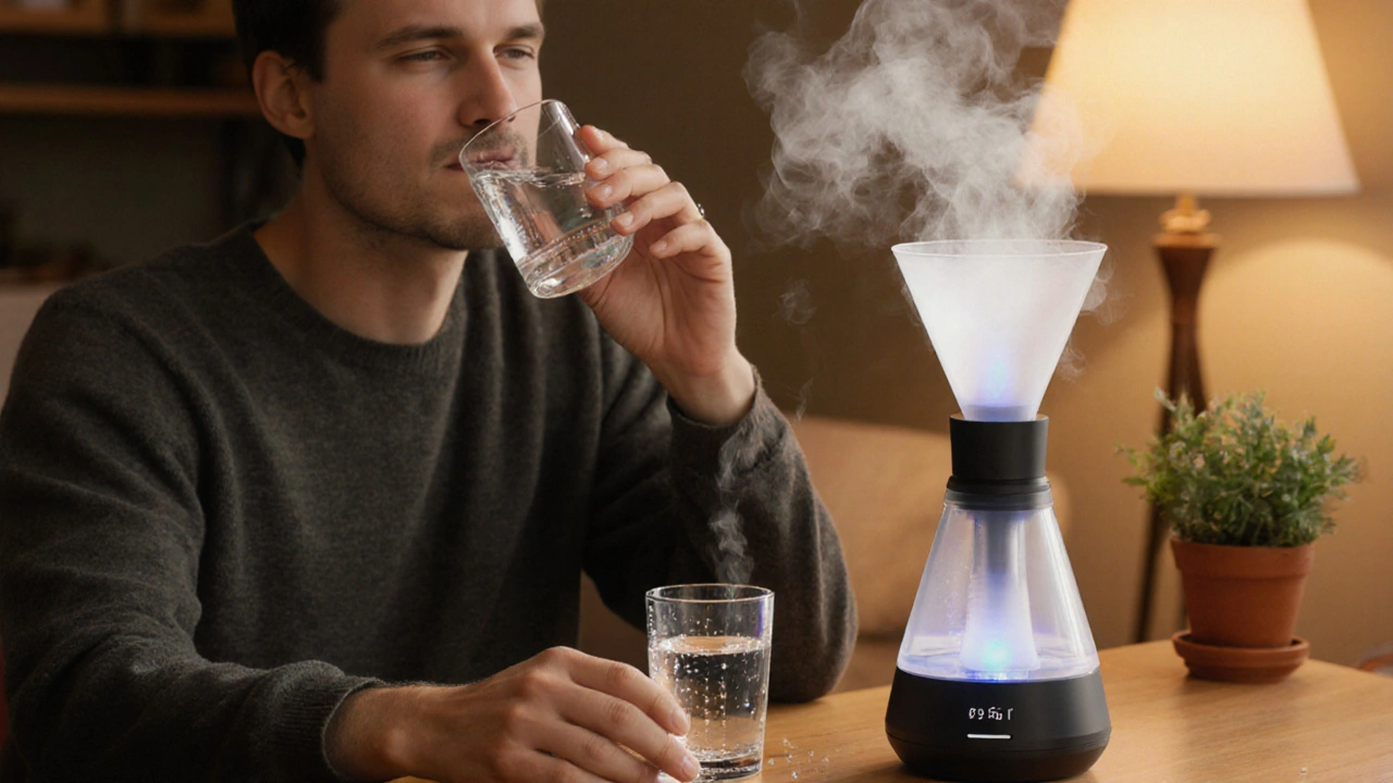 Osoba s vodou, filtrem a nastaveným vaporizérem na 190 °C, ukazující tipy pro ochranu plic.