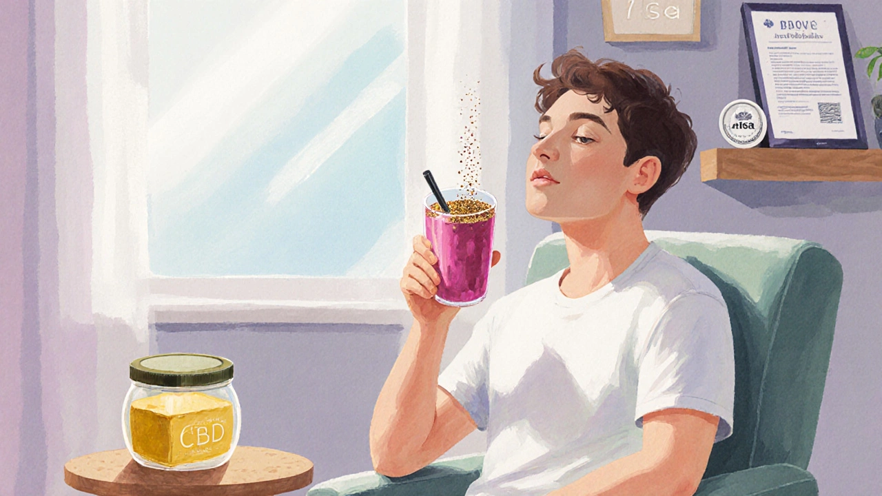 Osoba v domácím prostředí užívá CBD máslo ve smoothies.