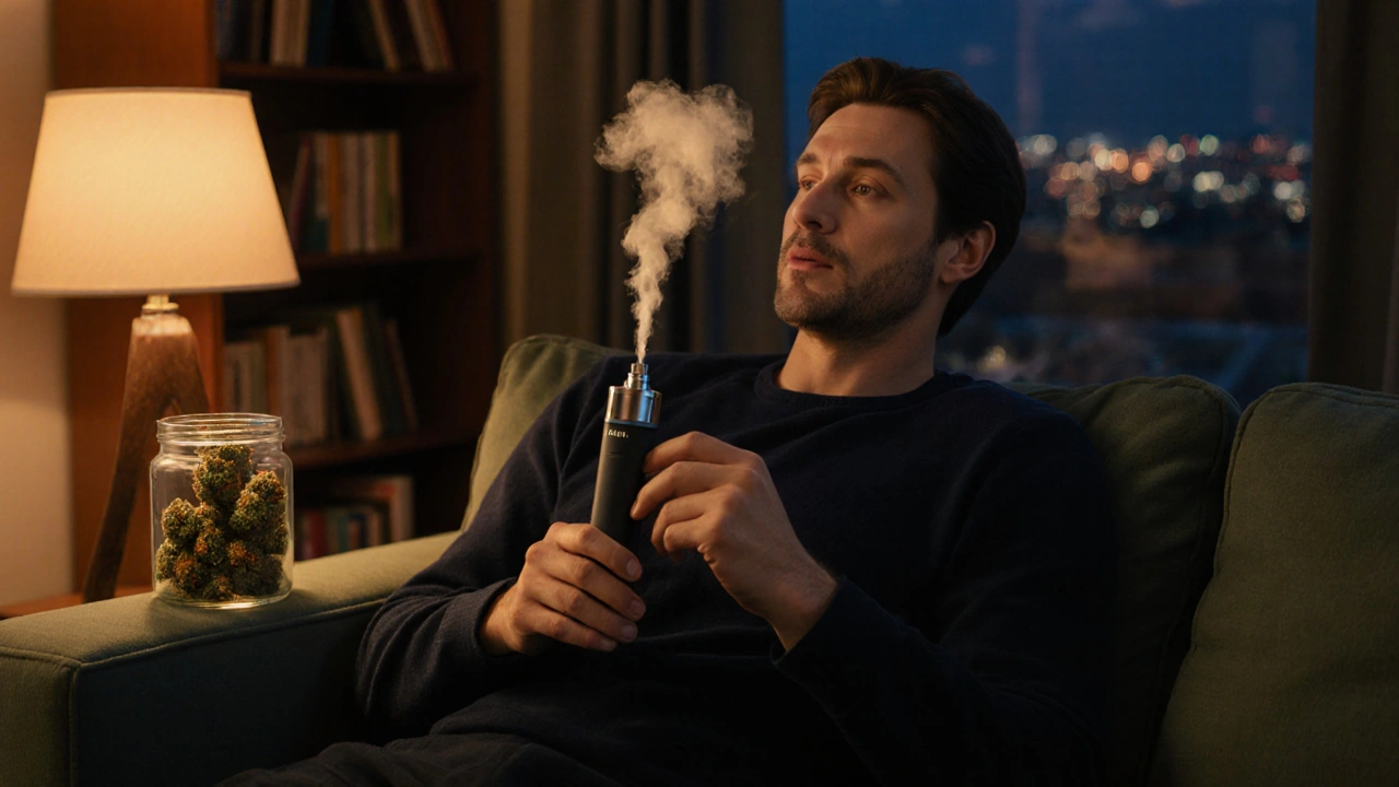 Osoba v pohodlném obýváku inhaluje HHC z vaporizéru, zvedá se mírná mlha.