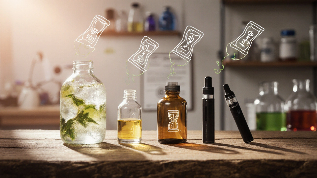 Ploché uspořádání CBD drinku, oleje, kapslí a vaporizéru s ikonkami rychlosti.