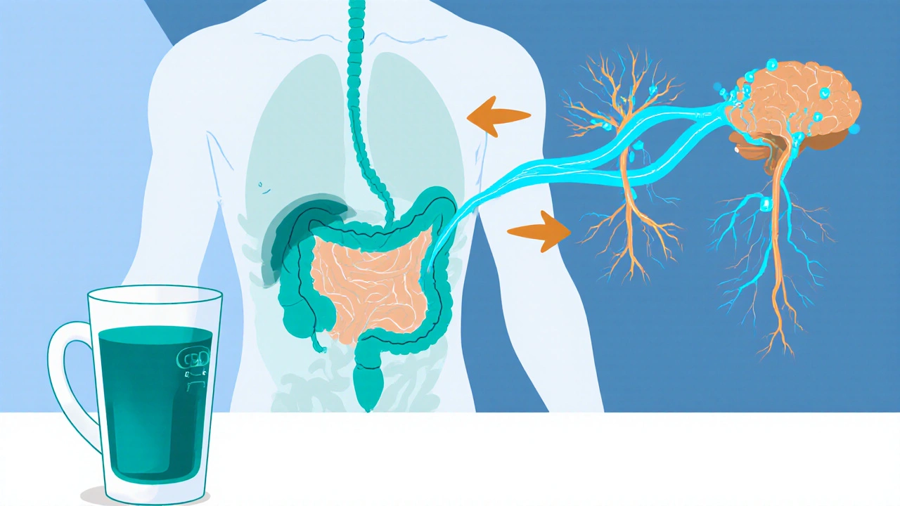 Řezově zobrazený tělesný proces absorpce CBD po pití, s časovými šipkami.