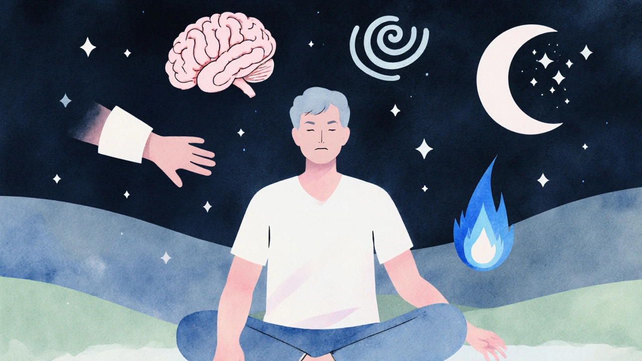 Silhouette člověka obklopená ikony úlevy od bolesti, klidu a lepšího spánku po CBD gummies.