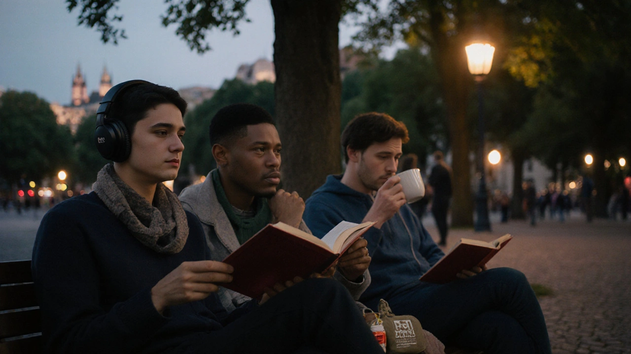 Skupina lidí v pražském parku klidně odpočívá ve večerním světle.