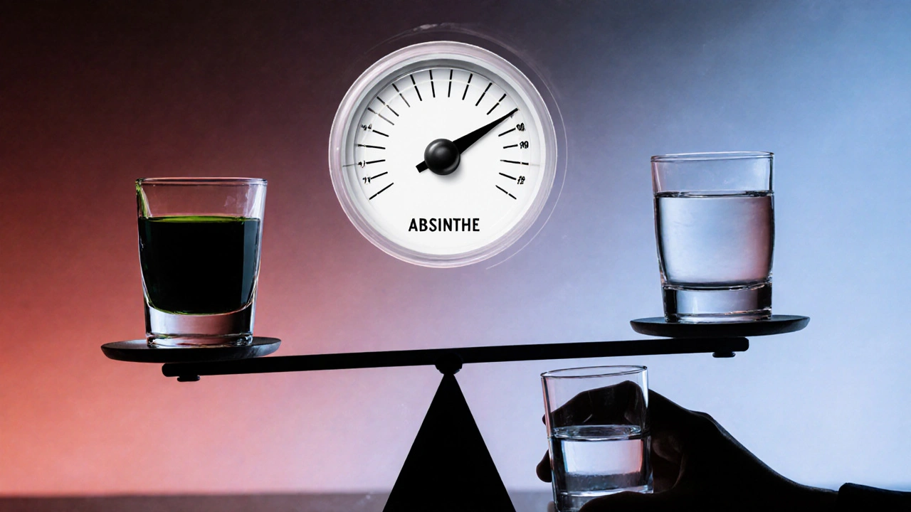Váha s absintovým a vodkovým shotem, nad ní ukazatel denního limitu, postava pije vodu.
