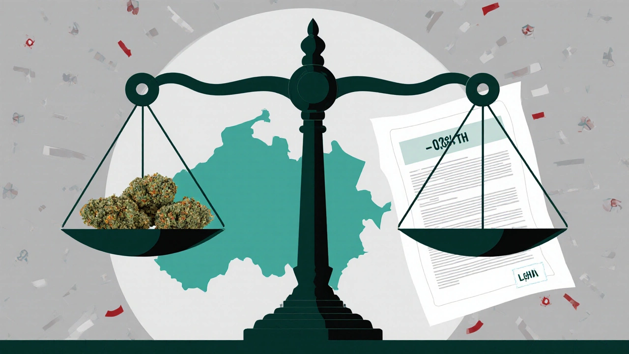 Váhy spravedlnosti s HHC květy a právním dokumentem v pozadí České republiky.