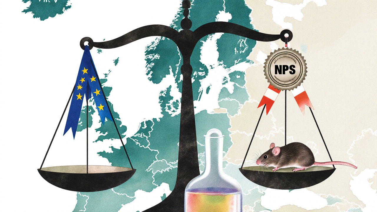 Vyvážená váha s EU praporem a symbolem NPS, mapa Evropy a laboratorická krysa.