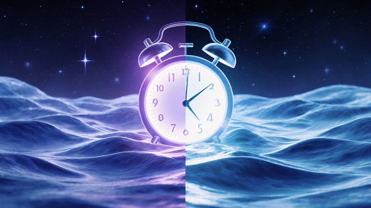 Abstraktní ilustrace klidných vln a hodinového symbolu, které se spojují v harmonii.