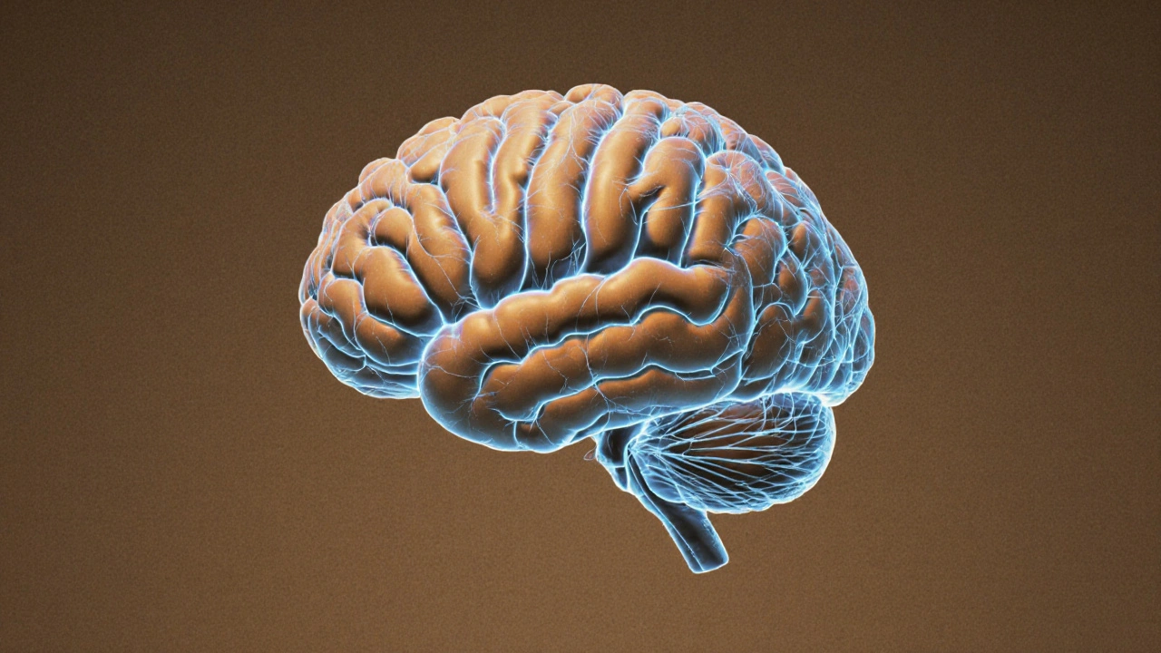Abstraktní znázornění lidského mozku s jemně zářícími neuronovými cestami při účinku HHC Delta 8.