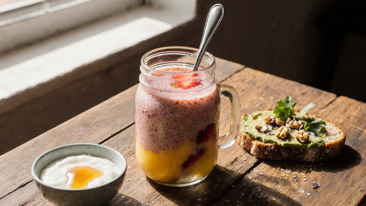 Barvivý smoothie s banánem, mangem a jahodami vedle jogurtu s medem a ořechy.