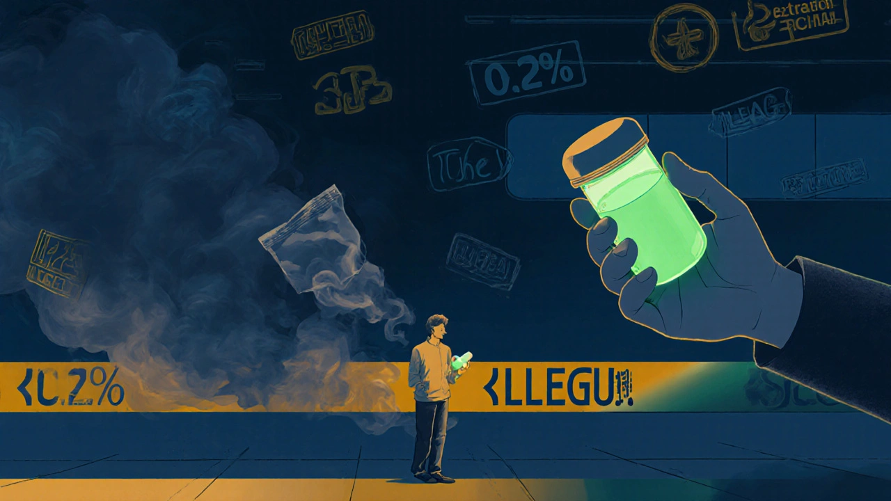 Cestující drží kapsli a žvýkačku – žvýkačka se mění v kouř při překračování právní hranice.