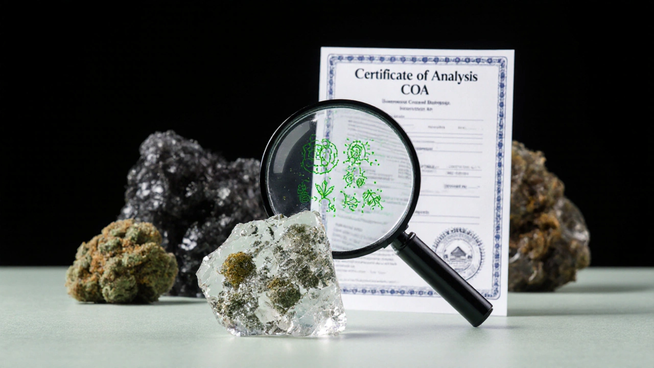 Čistý CBD shatter vedle laboratorního výsledku, symbolizující bezpečnost a kvalitu.