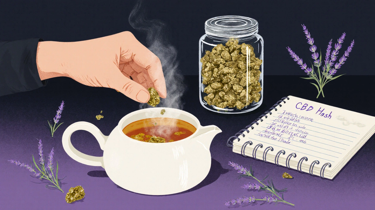 Člověk přidává CBD hash do čaje s bylinkami