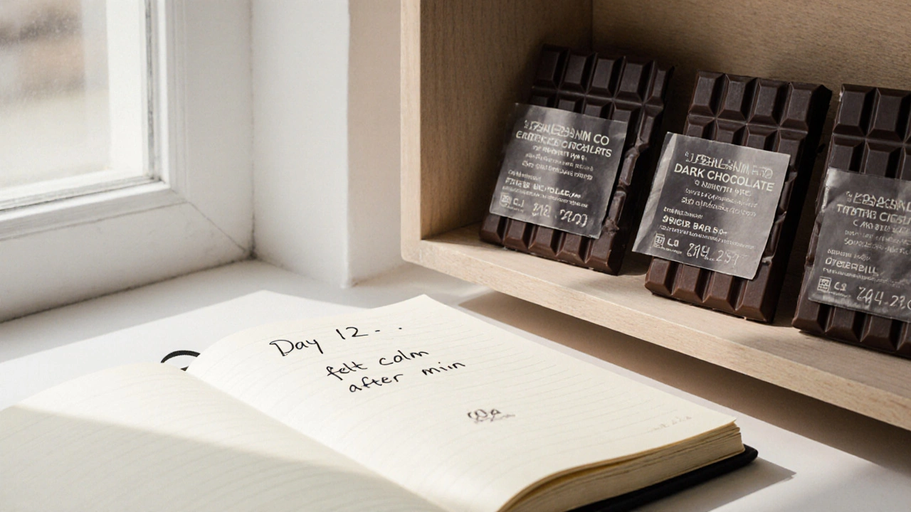 Čokolády s certifikáty analýzy a záznamem o účinku na psaném deníku.