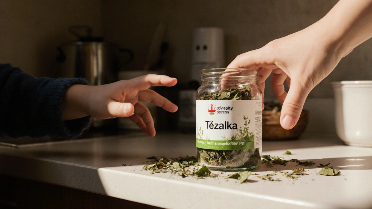 Dítě se táhne po láhvi s třezalkou, rodič se snaží zabránit.