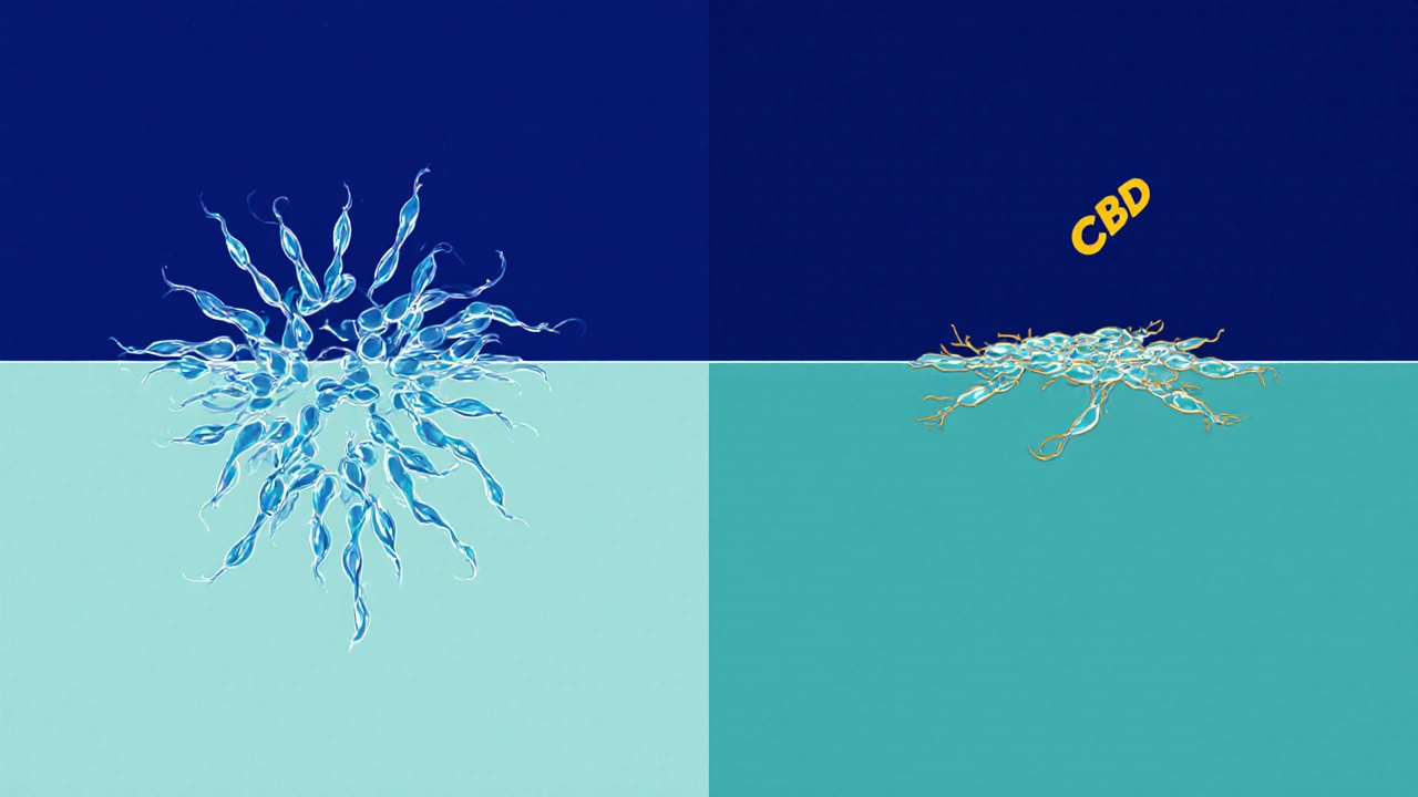 Dva mikroskopické pohledy na spermie: jedny pohyblivé, druhé pomalé, s molekulou CBD nahoře.