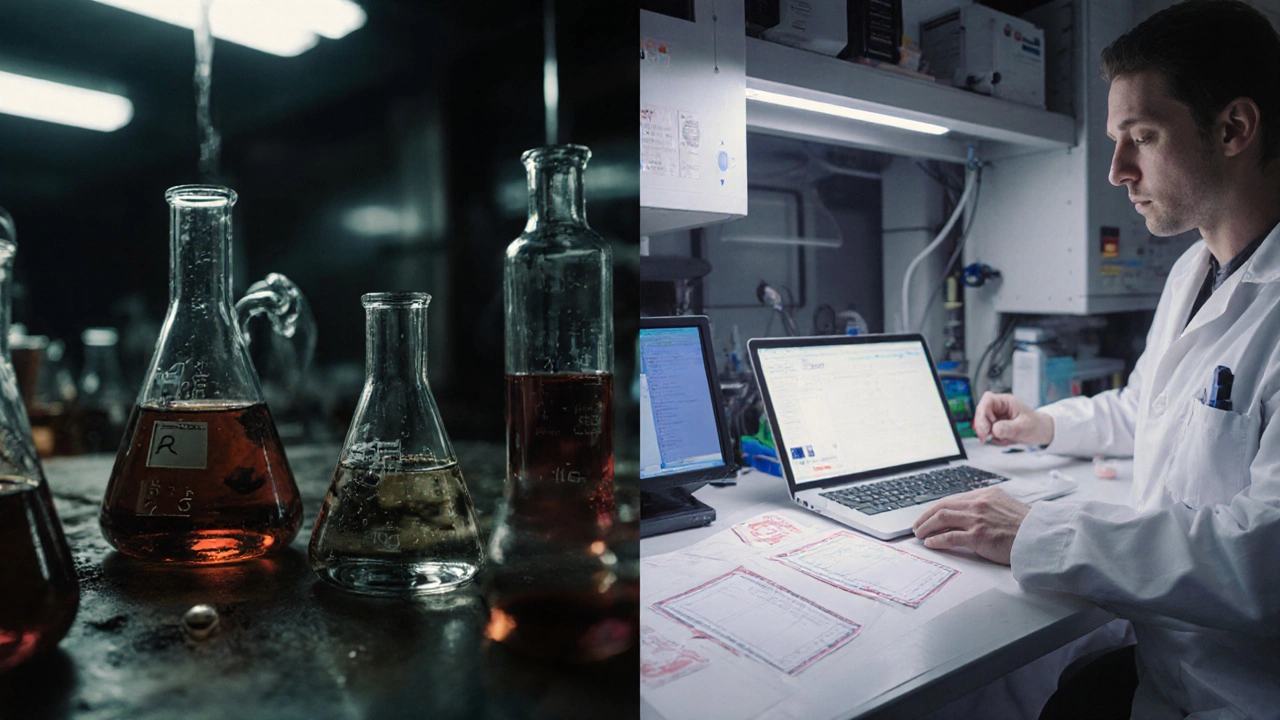 Dvě protikladné scény: nelegální laboratoř vs. certifikovaná laboratoř s testovacími zařízeními.