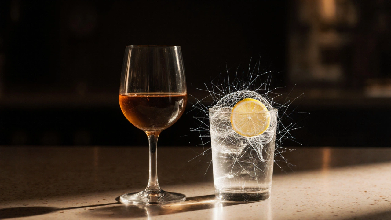 Dvě sklenice vedle sebe: CBD nápoj a víno, znázorňující rozdíl v účincích.