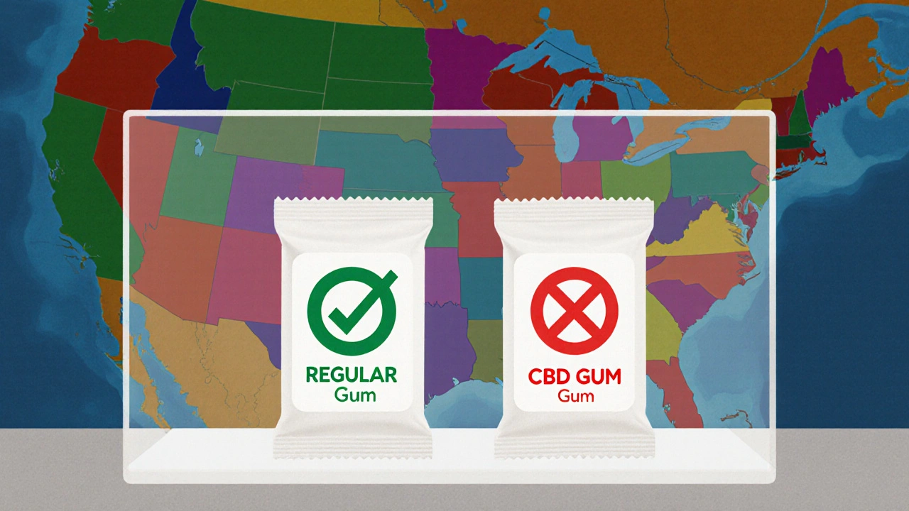 Dvě stejné žvýkačky: jedna povolená, druhá zakázaná s symboly legálních hranic Evropy a USA.