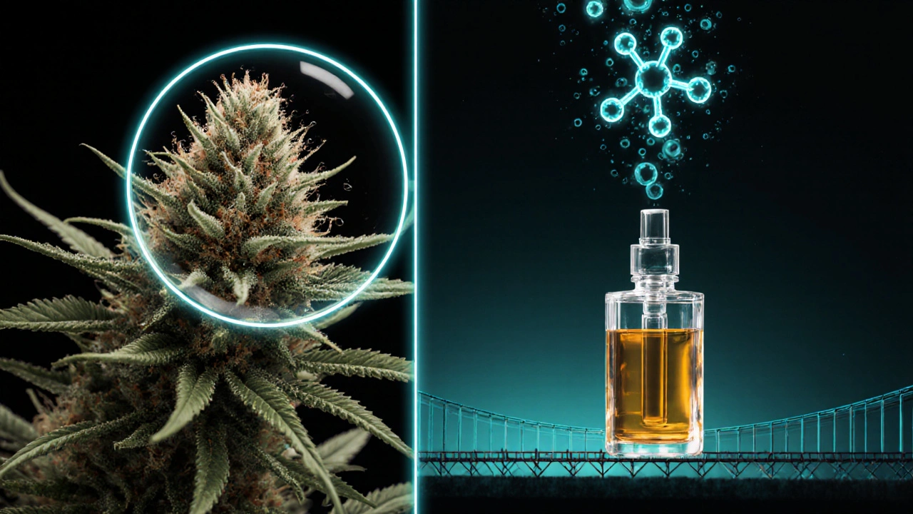 Dvoučástný obraz: přirozené květy konopí a kapalina vape s molekulami HHC.