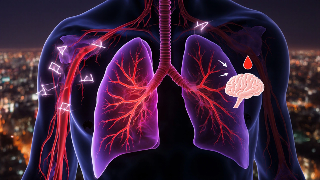 Ilustrace plic a krevních cév ukazující rychlé vstřebávání THC a CBD do krve a dopad na mozek.