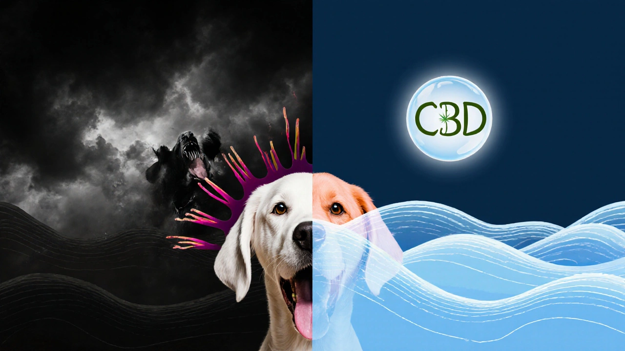 Koncepční obrázek psího mozku: jedna strana chaotická, druhá klidná s molekulou CBD.