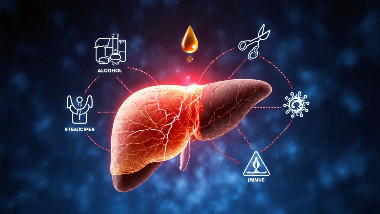 Léčivá játra s jednou zdravou a jednou poškozenou stranou, spojená s CBD kapkou.