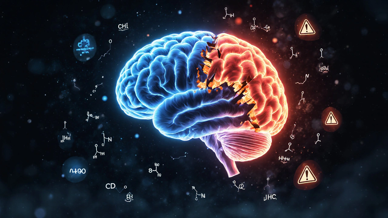 Lidský mozek s částí v klidném modrém světle (CBD) a částí v chaosu červené (Delta-8/HHC).