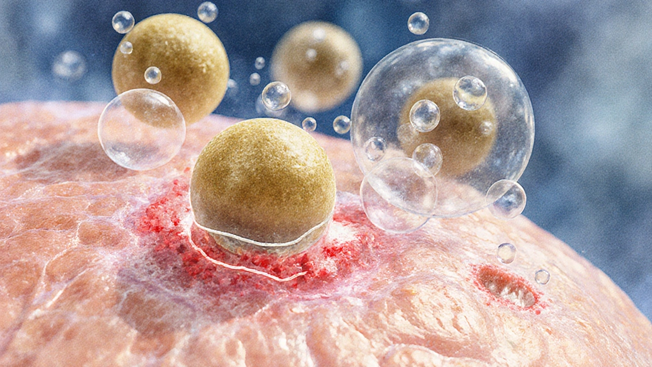 Mikroskopický pohled na kůži, kde CBG molekuly uklidňují zánětlivé buňky a snižují tukové výrony.