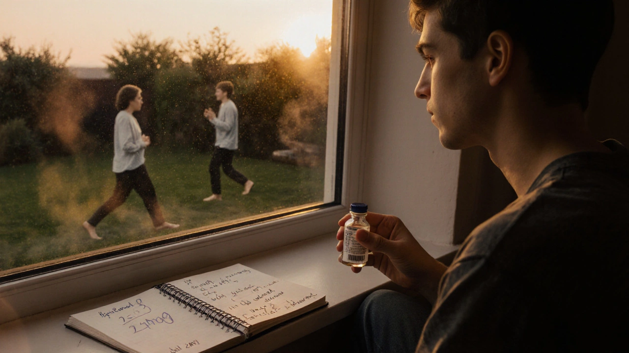 Muž drží lahvičku HHC Delta 8 u okna, vedle něj notatky a symboly přirozených alternativ jako meditace a koupel.