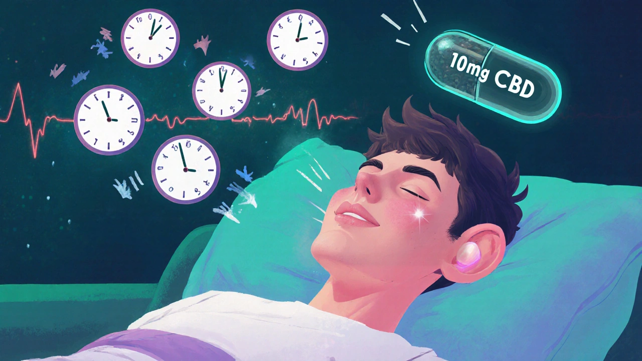 Muž na kanapce po snězení pěti sušenek s CBD, kolem něj visí časové vlny a ukazatele srdeční frekvence.