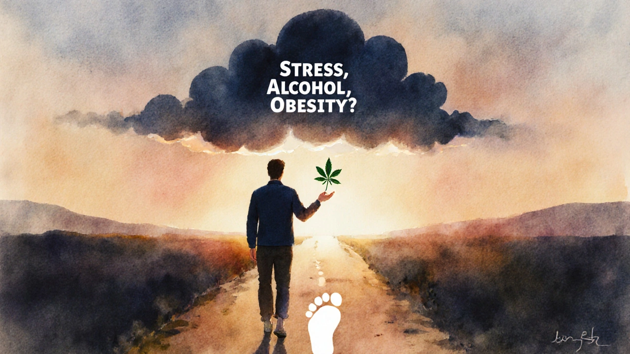 Muž odchází od stínů stresu a nezdravého stylu života směrem k světlé cestě s stopou dítěte.