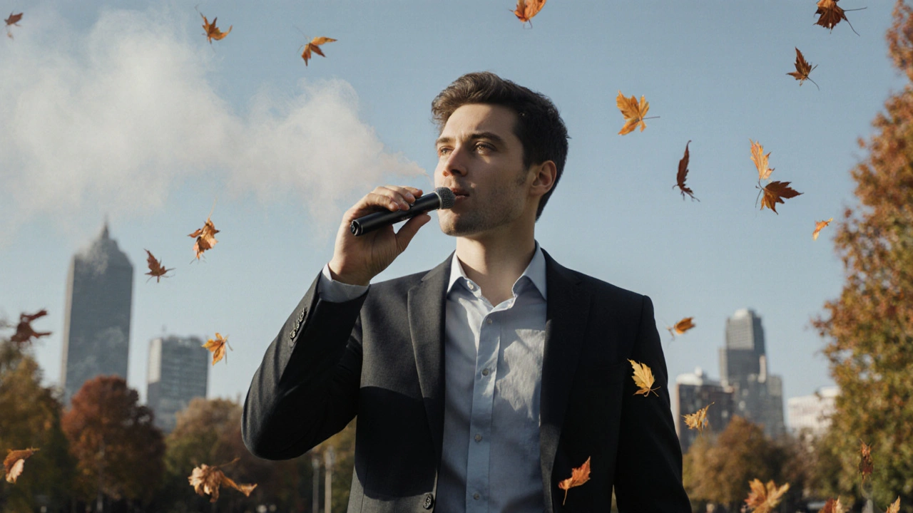 Muž používá HHC vape během procházky v parku, žádný kouř, jen jemná mlha.