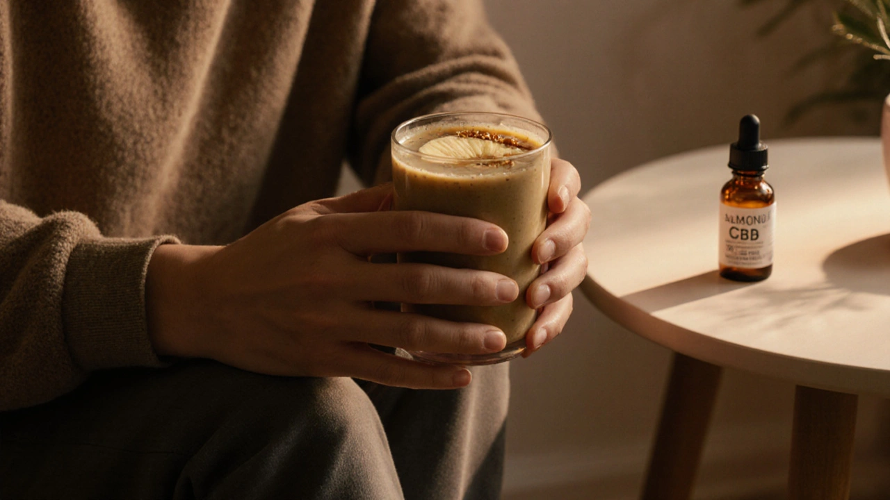 Osoba pije smoothie s CBD krystalem ve večerní klidné místnosti