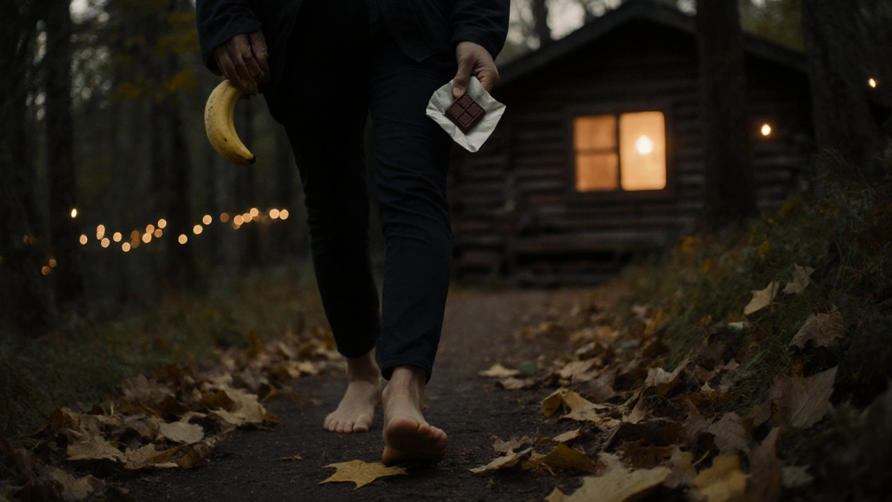 Osoba prochází lesem v soumraku s čokoládou a banánem, kolem ní padají listy a září včely.