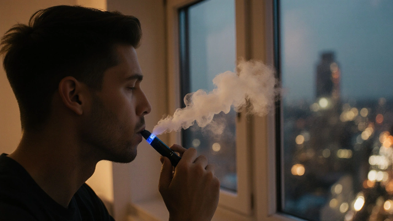 Osoba vdechuje CBD z tenkého vape pera v moderním bytě.