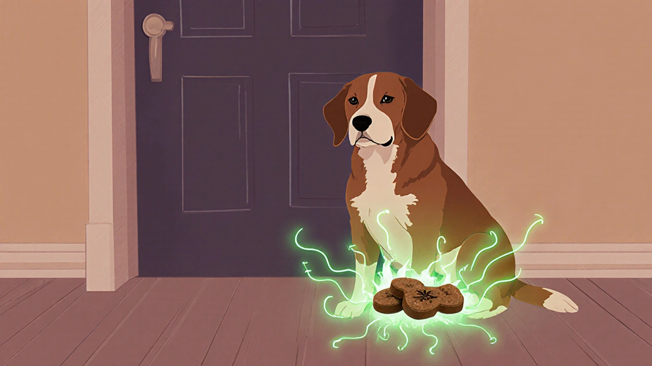 Pes klidně sedí u zavřených dveří, na podlaze je CBD lízátko.