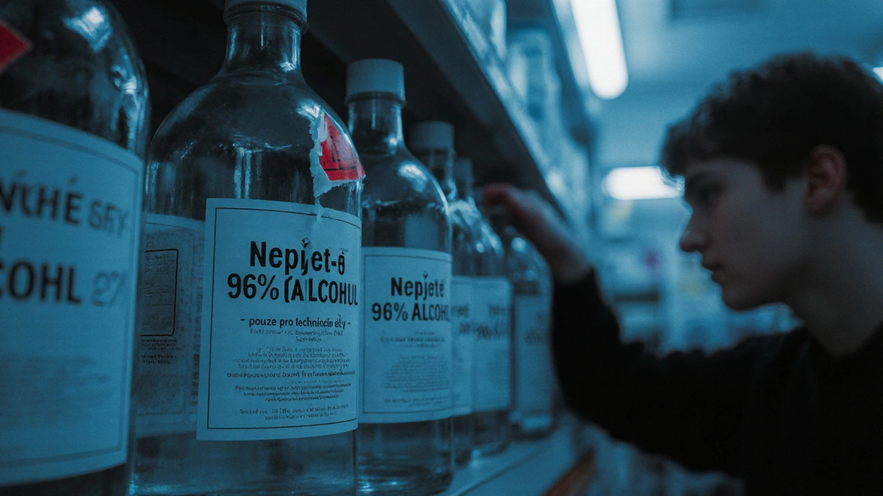 Police s lahvicemi 96% alkoholu v lékárně s varovnými štítky v Praze