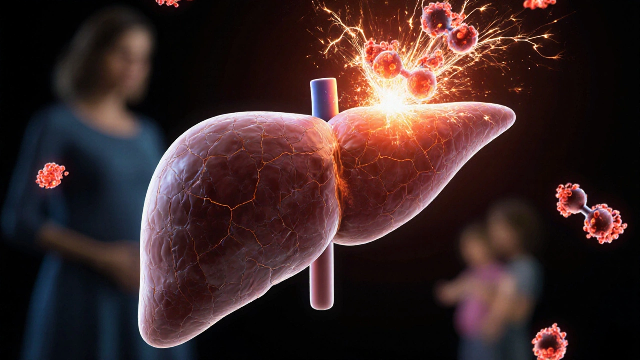 Poškozené játro s toxickými molekulami ovlivňujícími mozek a těhotnou ženu.